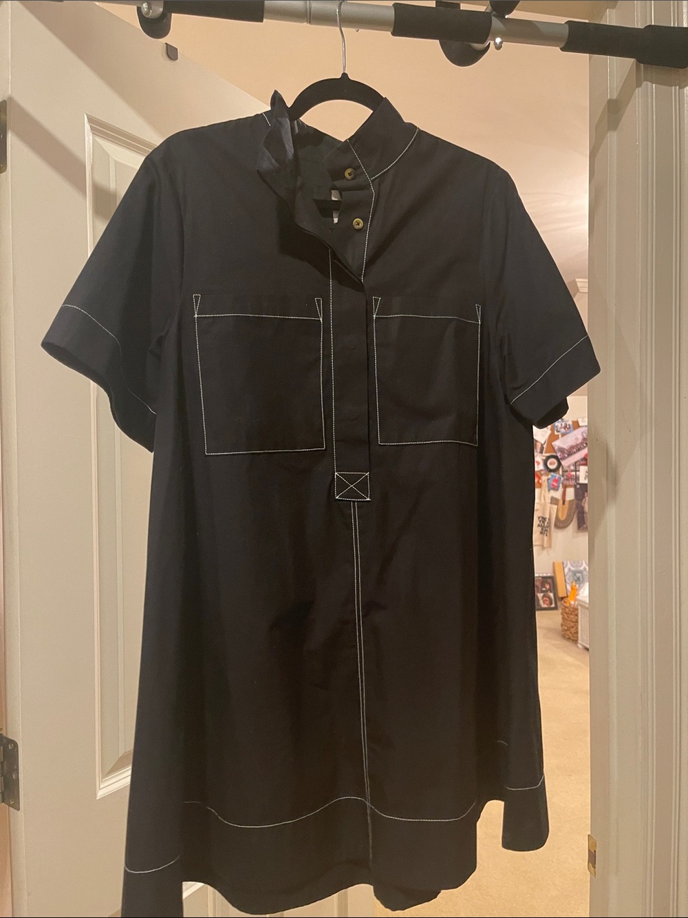 Maeve Black Short-Sleeve Tunic Mini Dress with White Stitching